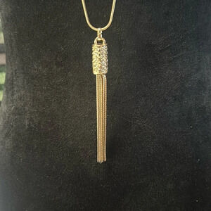 Tassel Cubic Zirconia Metal Cylinder Pendent on Adjustable Gold Chain Necklace